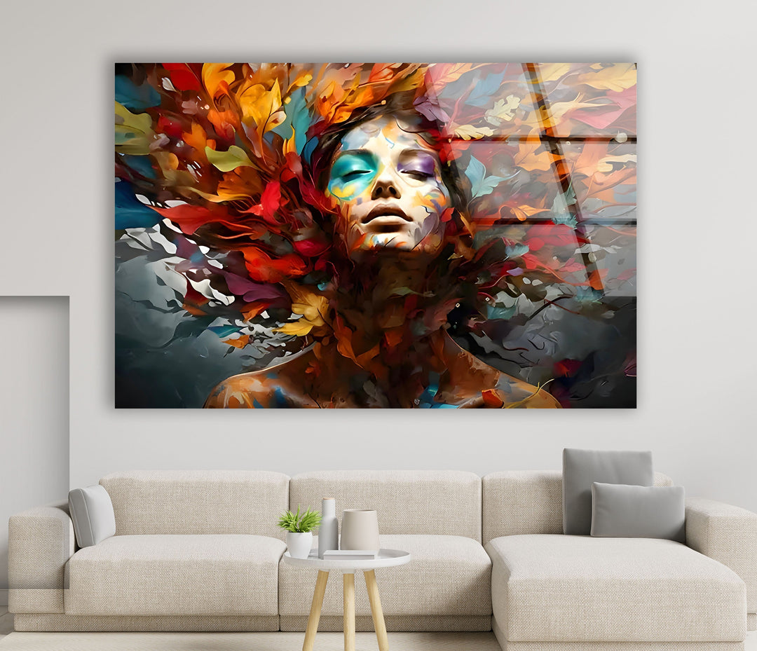 Woman with Colored Leafs Glass Wall Art glass photo prints, glass picture prints
