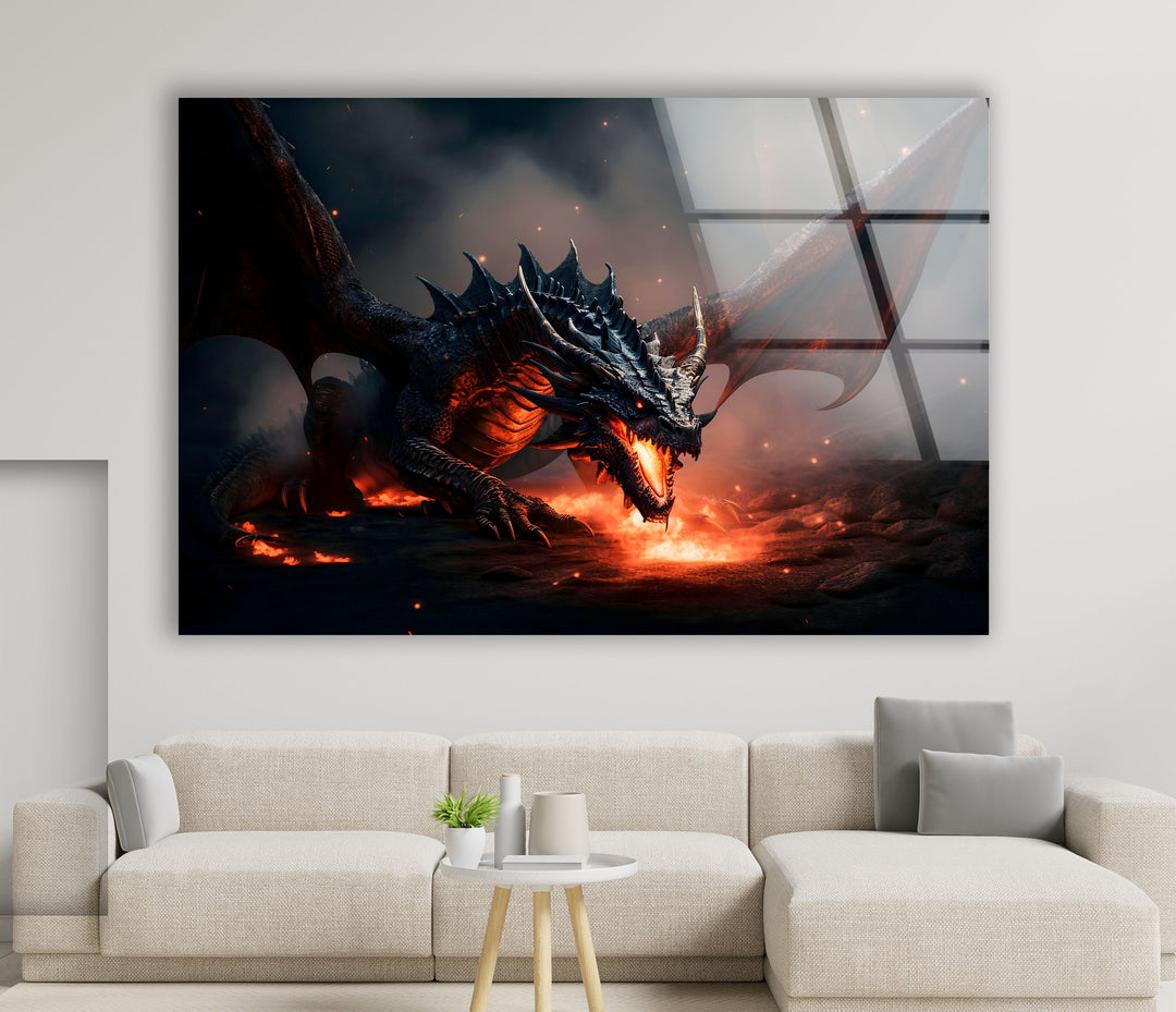 Stunning dragon roaring in a dramatic landscape, its fiery breath lighting the sky.
