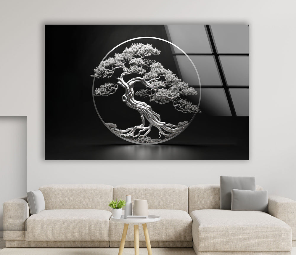 Bonsai Tree Silver Glass Wall Art glass photo prints, glass picture prints
