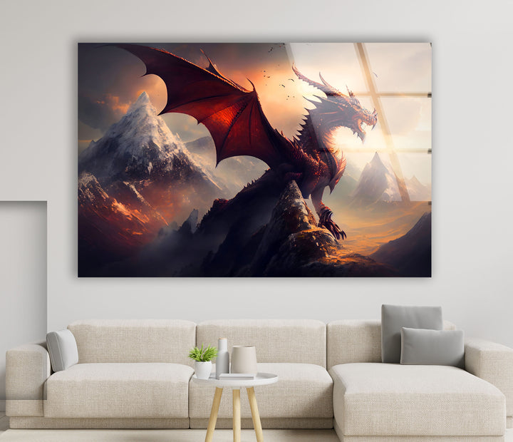 Mythical red dragon with wings spread wide, roaring amidst fiery clouds in the mountains.
