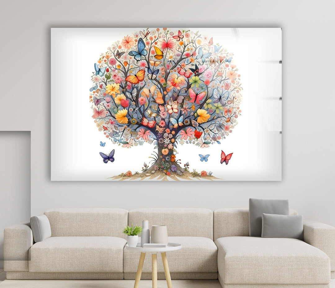 Flower & Butterfly Tree Glass Wall Art Glass Printing Wall Art, Print photos on glass
