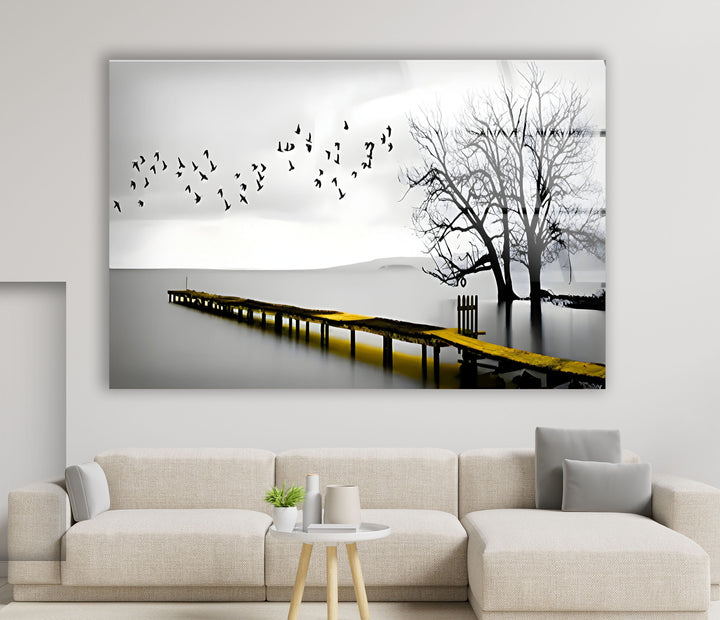 Black & White Dock and Birds Glass Wall Art glass wall decor, glass wall art decor
