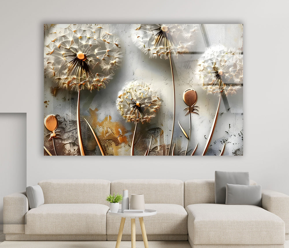 White Vivid Dandelions Glass Wall Art picture on glass wall art, photos printed on glass
