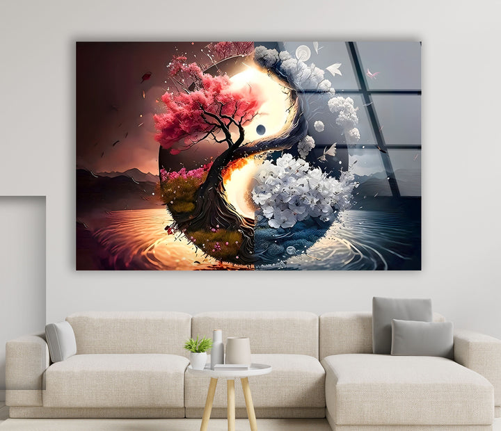 Yin Yang Flower Tree Glass Wall Art custom glass photo prints, large glass prints
