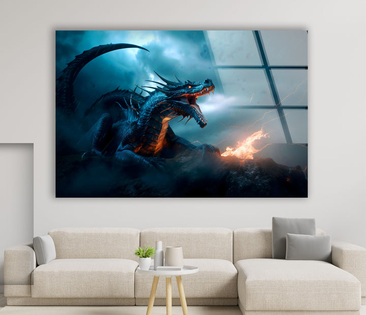 Epic dragon art showcasing a mythical creature in full roar amidst flames.
