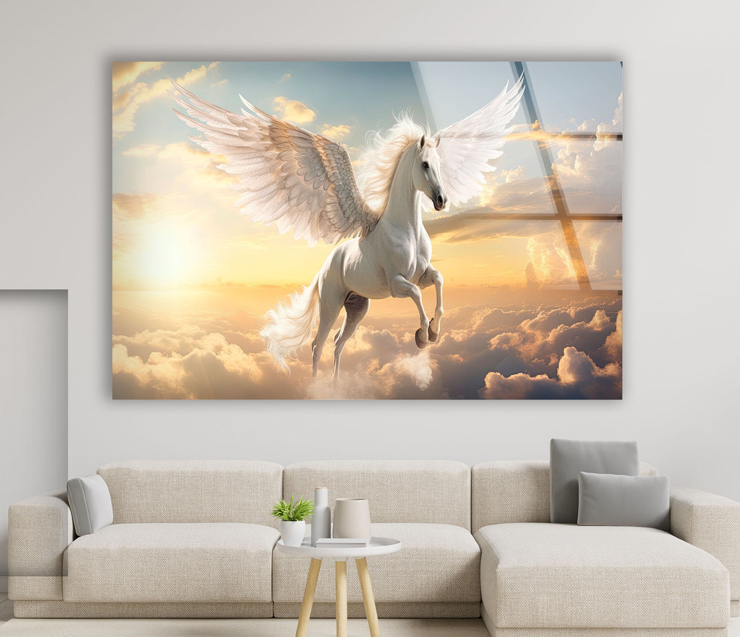 Winged Horse White Glass Wall Art custom glass pictures, glass art prints
