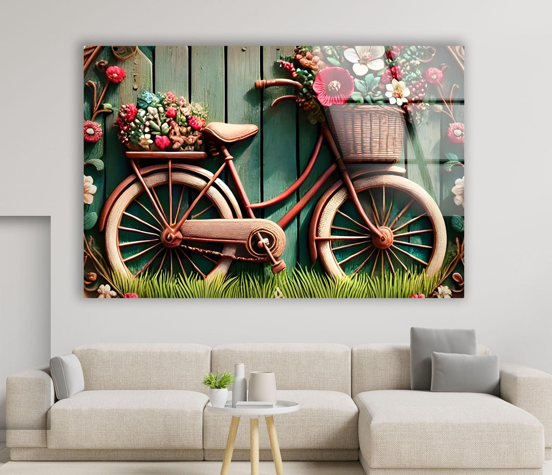 Bicycle with Flowers Glass Wall Art custom glass pictures, glass art prints
