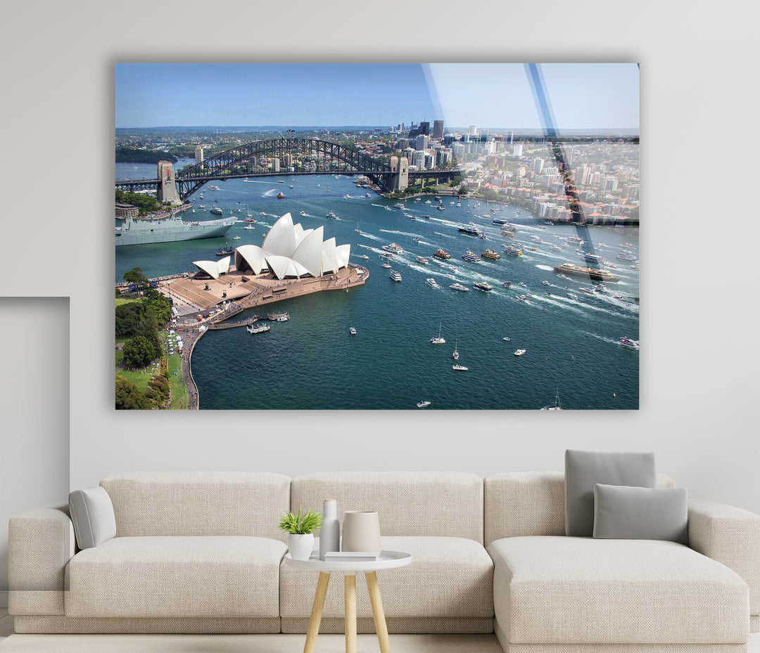 Sydney Opera House Glass Wall Art – Iconic View of Australia's Landmark & Harbour Bridge