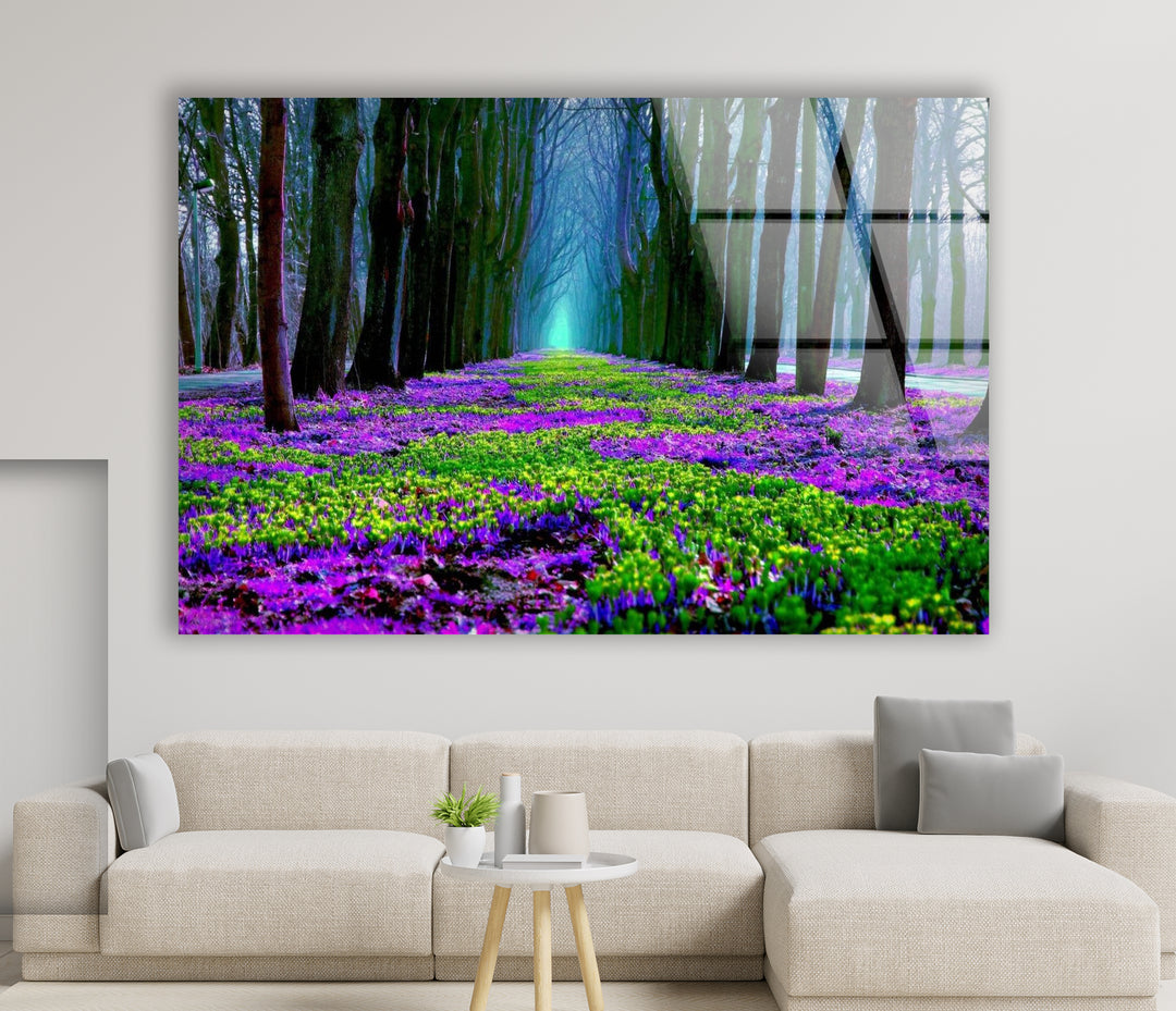 Flower Pathway Glass Wall Art – Serene Spring Landscape with Lush Blooming Flowers