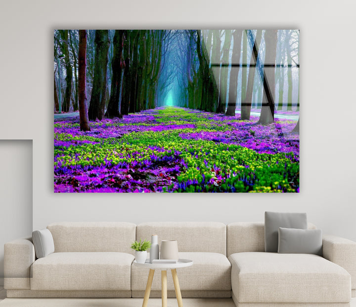 Flower Pathway Glass Wall Art – Serene Spring Landscape with Lush Blooming Flowers