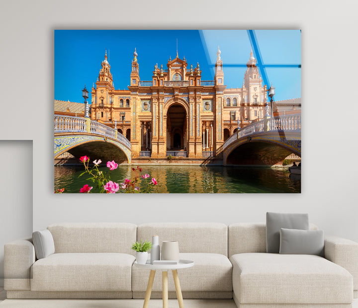 Plaza de España Glass Wall Art – Majestic Spanish Landmark with Scenic Canal