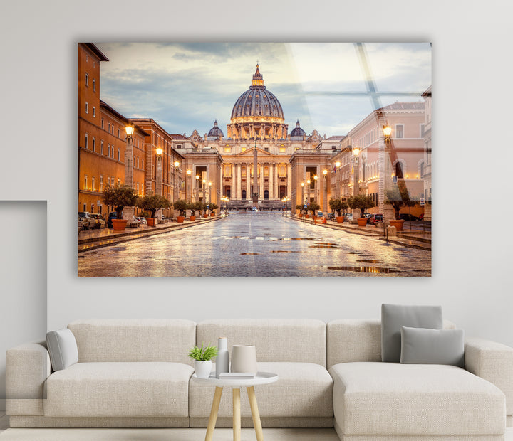 Vatican City Glass Wall Art – Majestic View of St. Peter's Basilica at Dusk