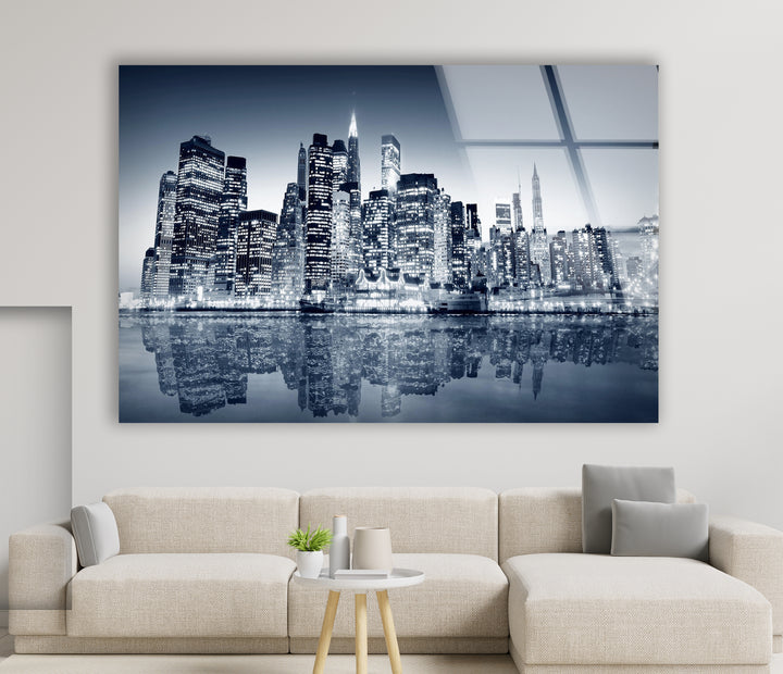 Black and White New York City Skyline Glass Wall Art – Iconic NYC View with Reflections