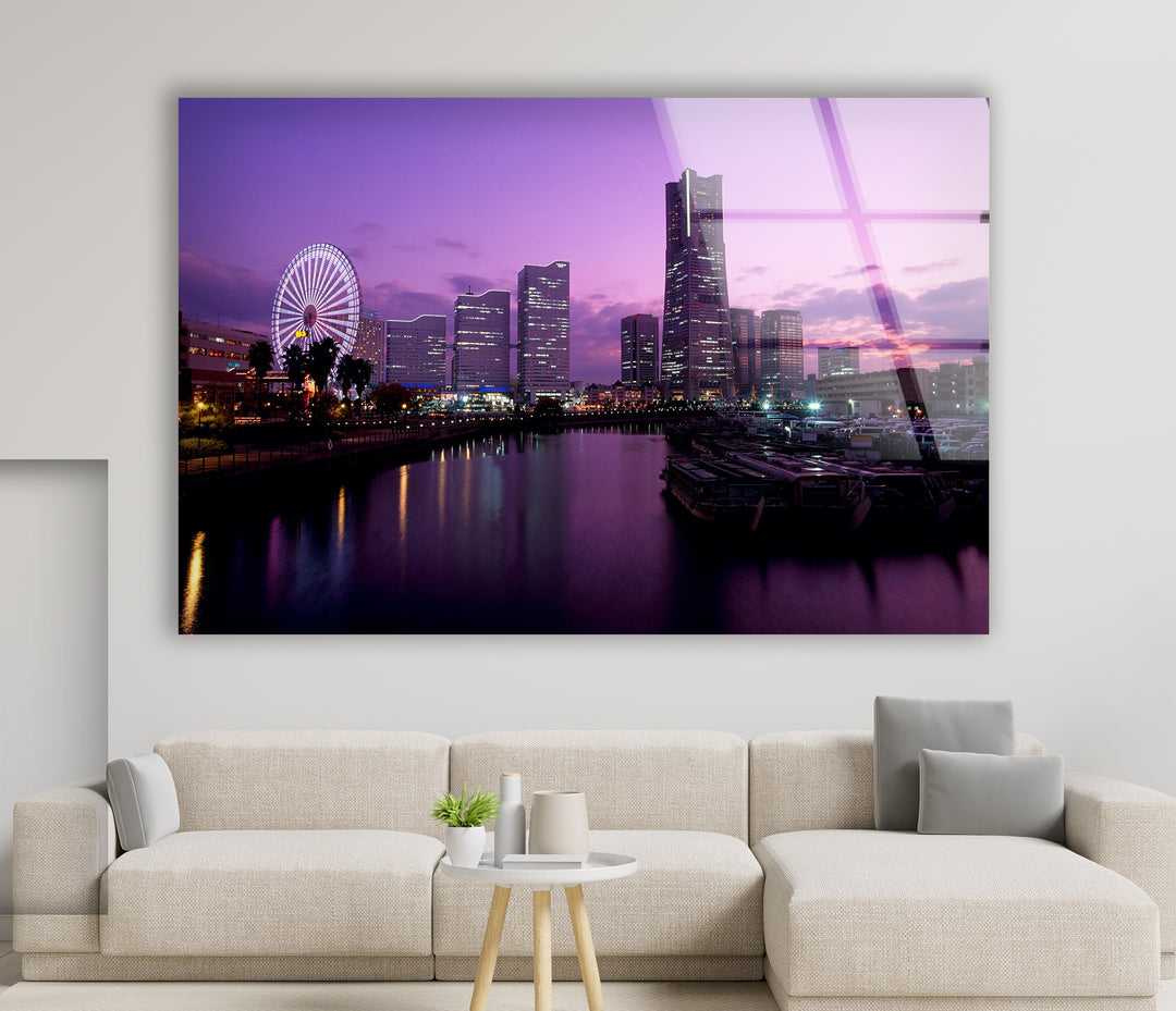 Yokohama City Skyline Glass Wall Art – Stunning Waterfront View with Ferris Wheel at Sunset