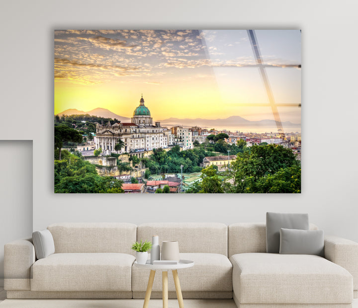 Sunset View of Naples Skyline Glass Wall Art – Iconic Italian Cityscape with Mt. Vesuvius View