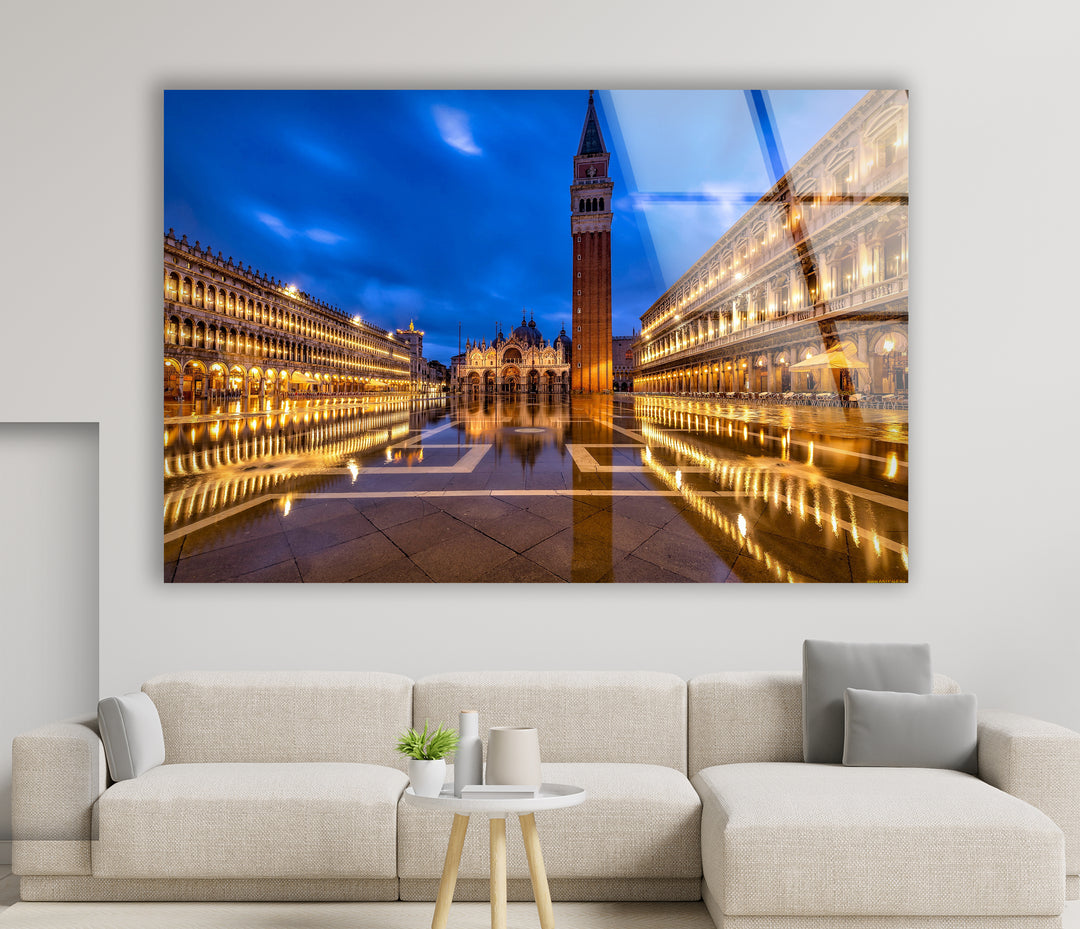 St. Mark's Square Glass Wall Art – Majestic Venice Landmark with Illuminated Campanile Tower