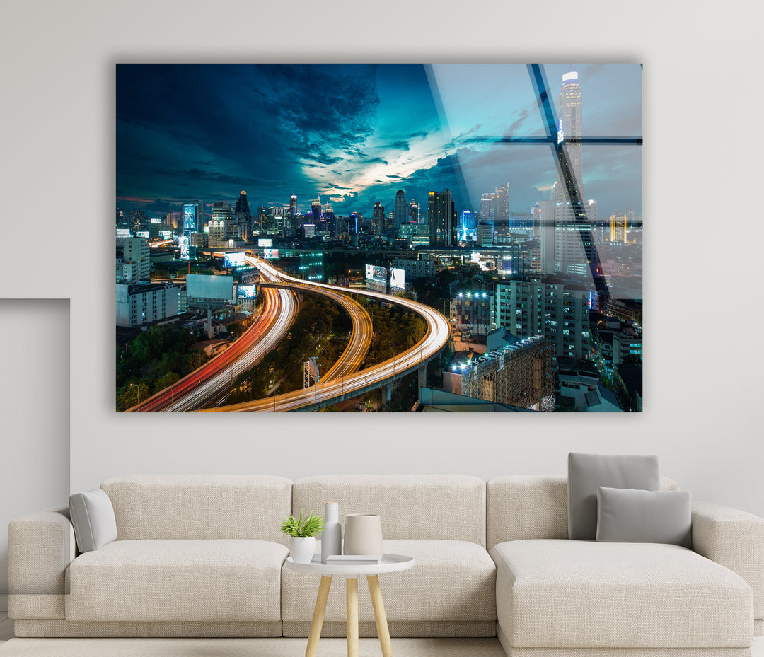 Bangkok Skyline Glass Wall Art – Stunning Night View of Thailand’s Iconic Cityscape