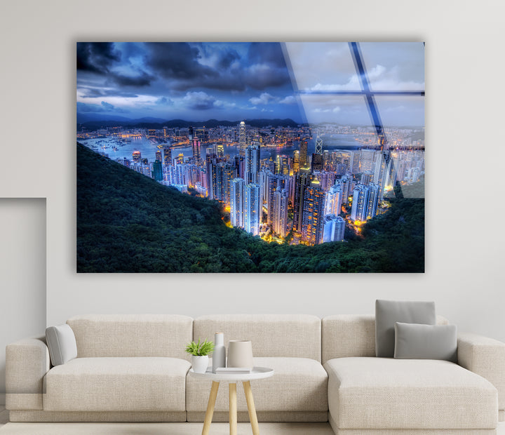 Hong Kong Skyline Glass Wall Art – Stunning View of City Lights & Harbor at Dusk