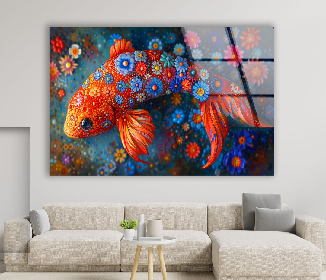 Fish with Flowers Glass Wall Art             glass wall decor, glass wall art decor