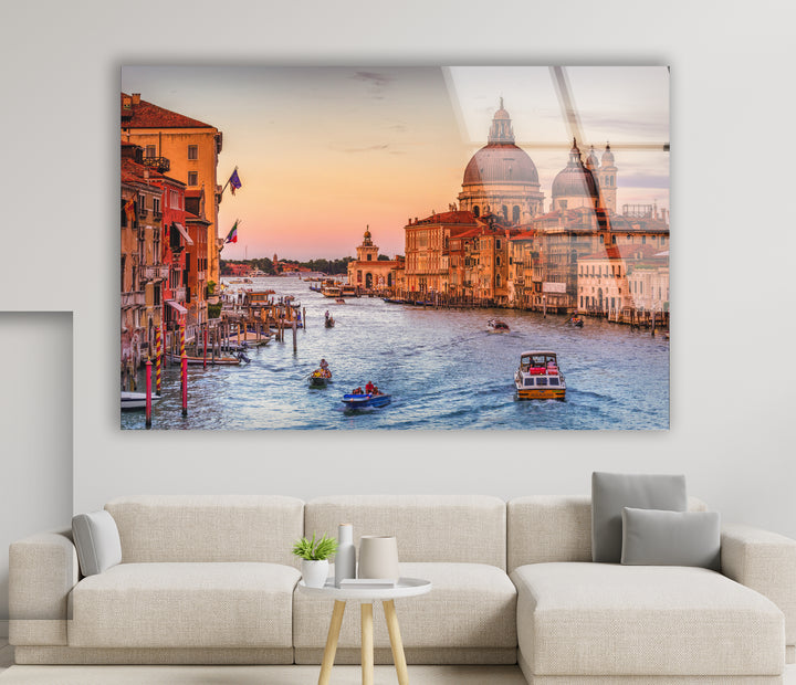 Venice Canal Glass Wall Art – Iconic Grand Canal View at Sunset with Boats