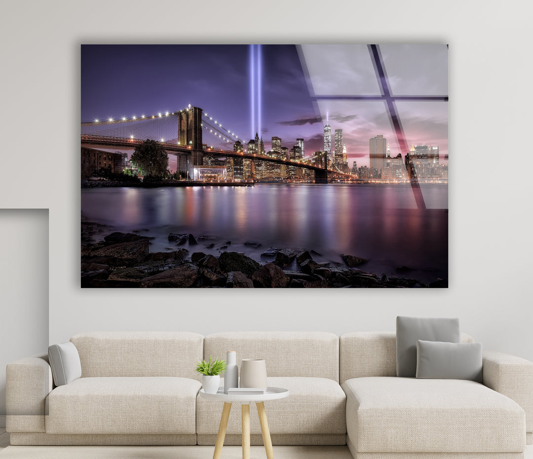 Brooklyn Bridge Glass Wall Art – Breathtaking NYC Skyline with Tribute in Light