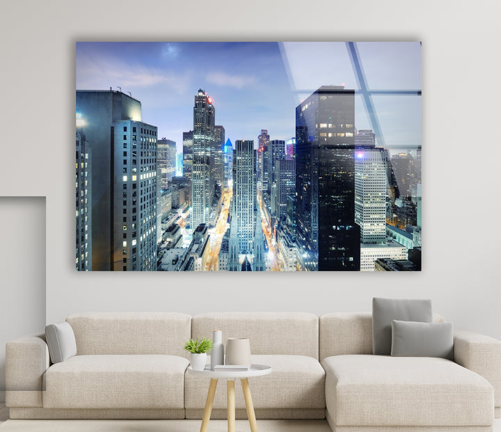 Chicago Skyline Glass Wall Art – Stunning Night View of Downtown Skyscrapers and Streets