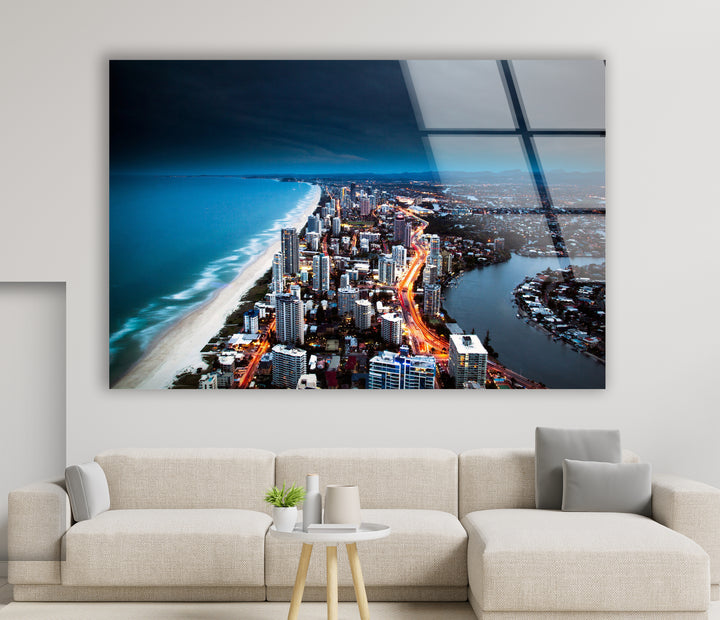 Gold Coast Skyline Glass Wall Art – Majestic View of Australian Coastal City at Night