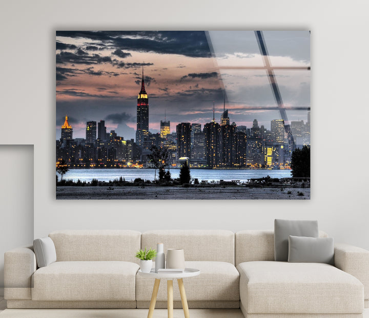 New York City Skyline Glass Wall Art – Stunning Evening View of Empire State Building & Downtown