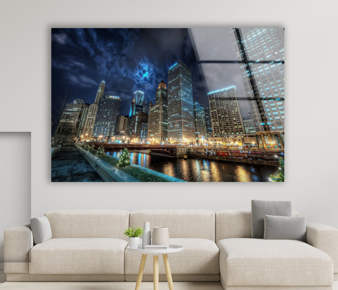 Chicago Skyline Glass Wall Art – Majestic View of Chicago's Iconic River & Skyscrapers at Night