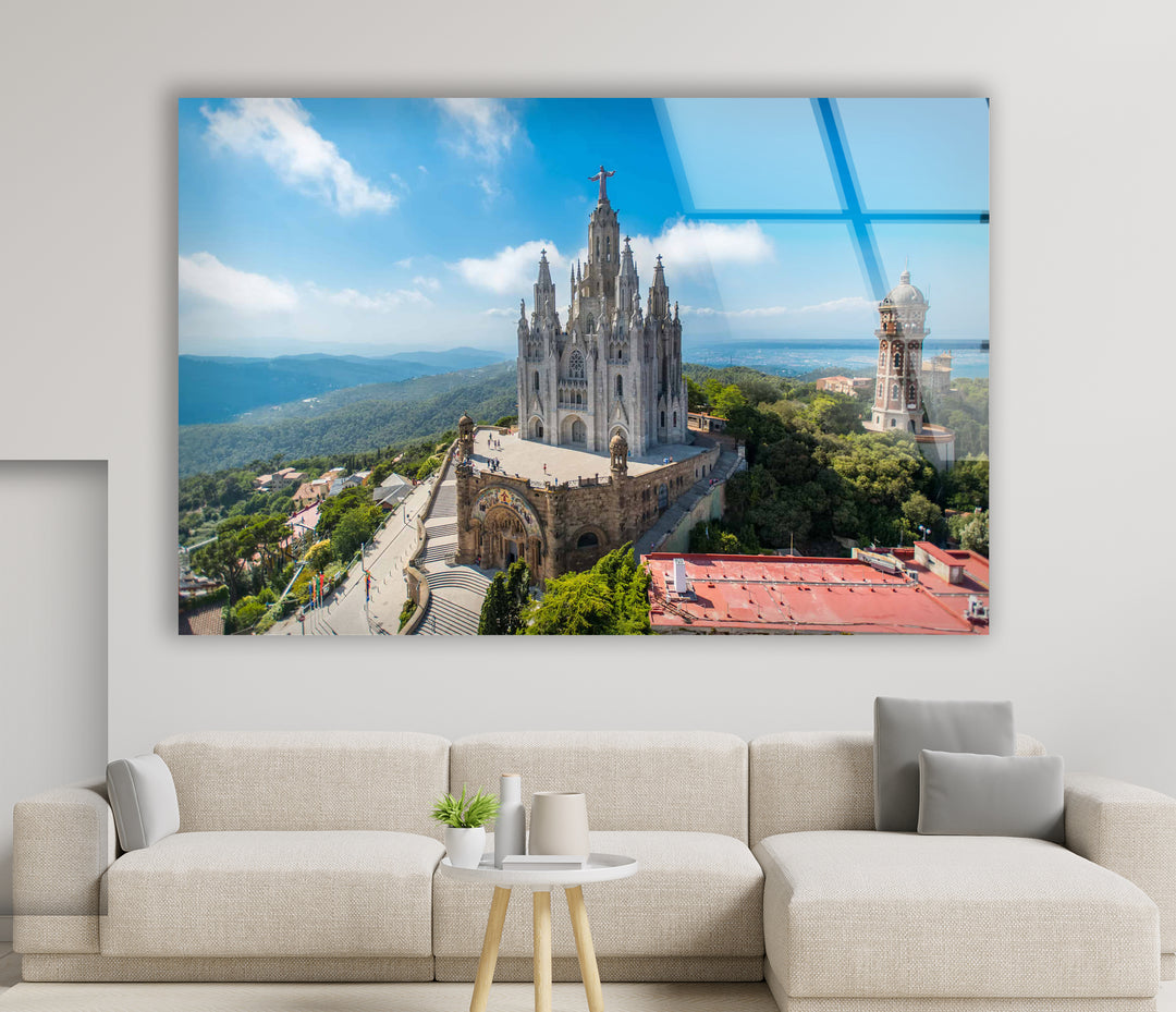 Tibidabo Cathedral Glass Wall Art – Majestic View of Barcelona’s Iconic Mountain & Church