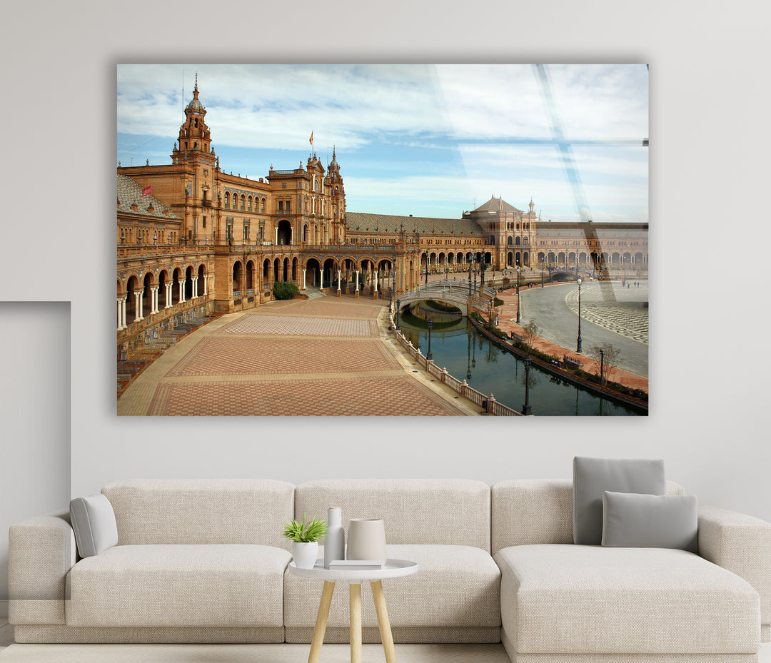 Plaza de España Glass Wall Art – Majestic Spanish Landmark with Scenic Canal View