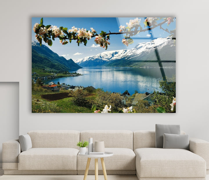 Norwegian Fjord Glass Wall Art – Majestic Mountain & Lake View with Blossoming Flowers