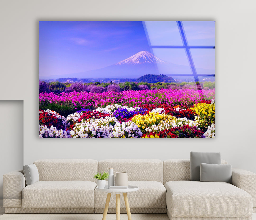 Mount Fuji and Flower Field Glass Wall Art – Majestic View of Japan’s Iconic Mountain & Blossoming Landscape