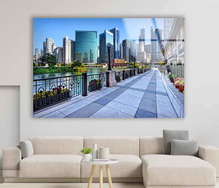 Chicago Riverwalk Glass Wall Art – Stunning View of Downtown Skyscrapers & Waterfront Path