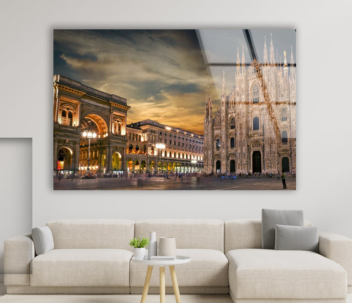 Milan Cityscape Glass Wall Art – Iconic Duomo Cathedral & Galleria Vittorio Emanuele at Dusk