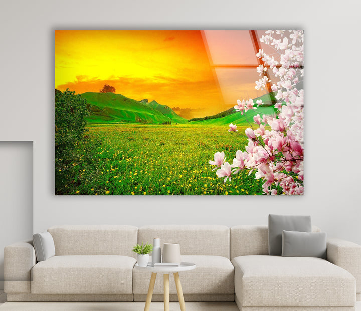 Sunset Meadow Glass Wall Art – Beautiful Spring Landscape with Blossoming Flowers