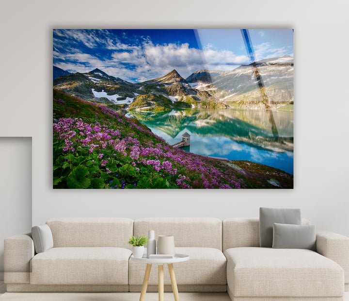 Norwegian Fjord Glass Wall Art – Majestic Mountain with Blossoming Flowers