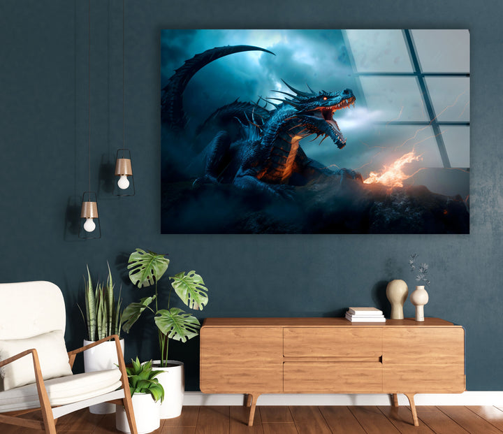 Majestic dragon with fiery wings and a fierce roar, set against a dark and fiery backdrop.
