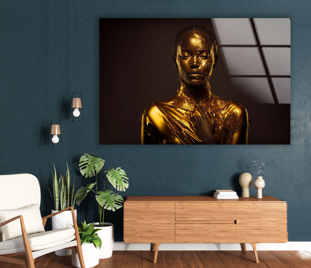 Portrait of a Woman Covered With Gold Glass Wall Art Glass Printing Wall Art, Print photos on glass
