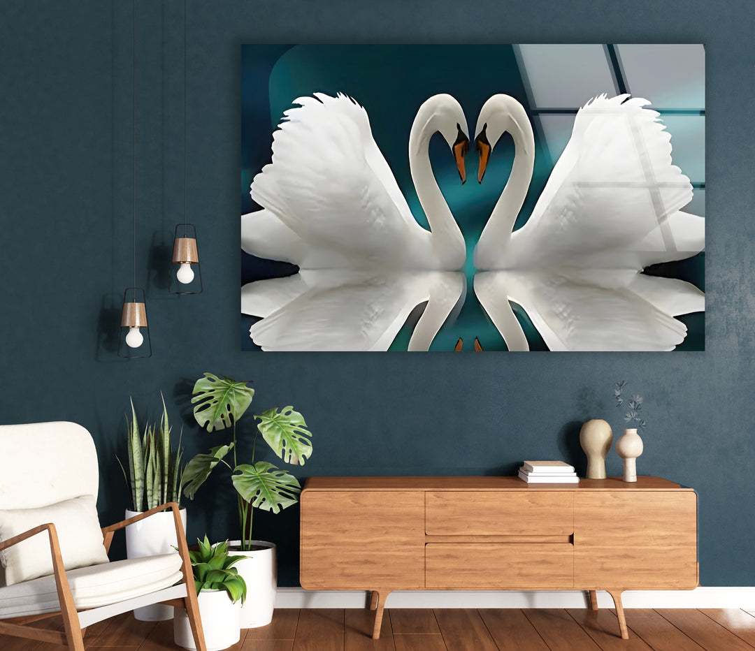 Couple Heart Swans Glass Wall Art large glass photo prints, glass wall photos
