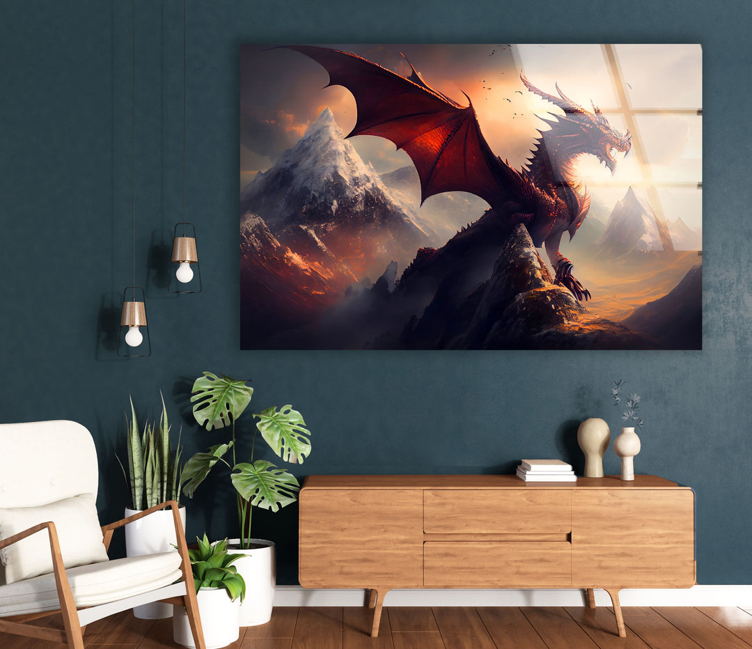 Breathtaking dragon perched in a dramatic mountain scene, glowing with fiery intensity.
