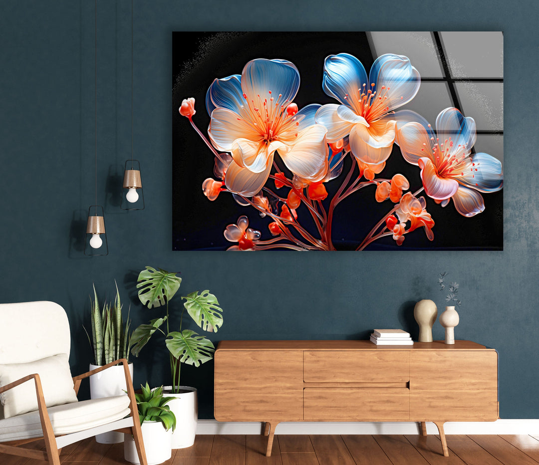 Orange & Blue Flower Glass Wall Art custom glass photo prints, large glass prints
