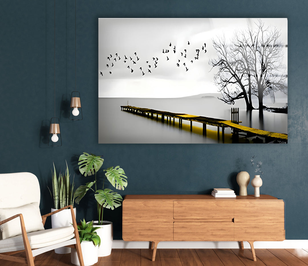 Black & White Dock and Birds Glass Wall Art stained glass wall art, stained glass wall decor
