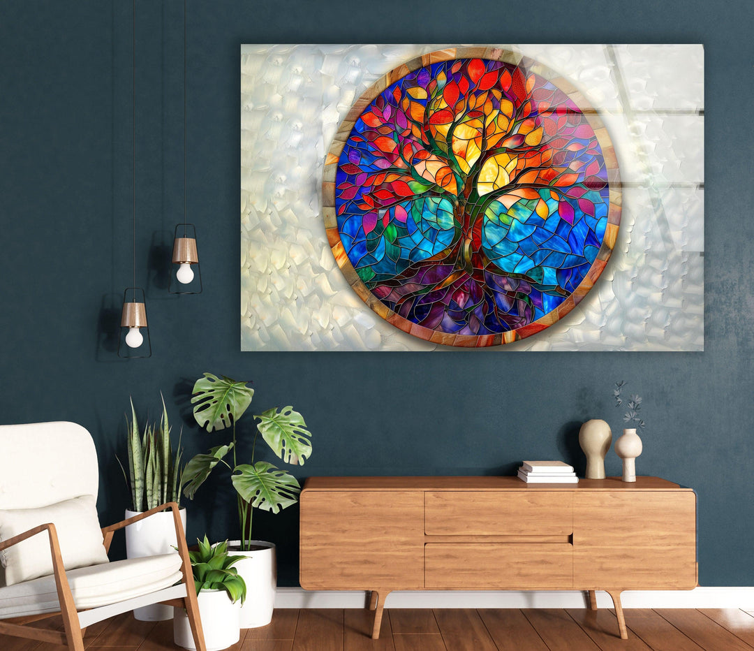 Red & Blue Tree of Life Art Glass Wall Art custom glass pictures, glass art prints
