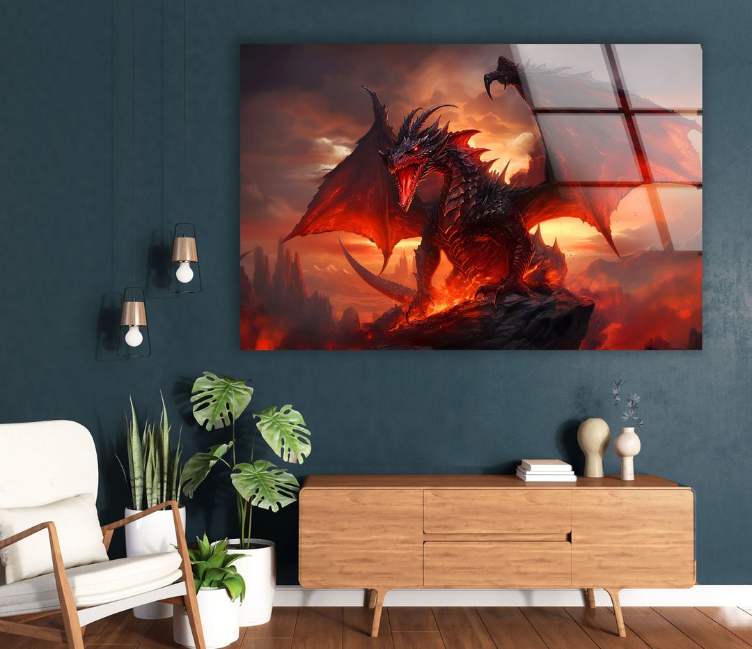 Majestic dragon with fiery wings and glowing eyes, captured in a dramatic landscape.
