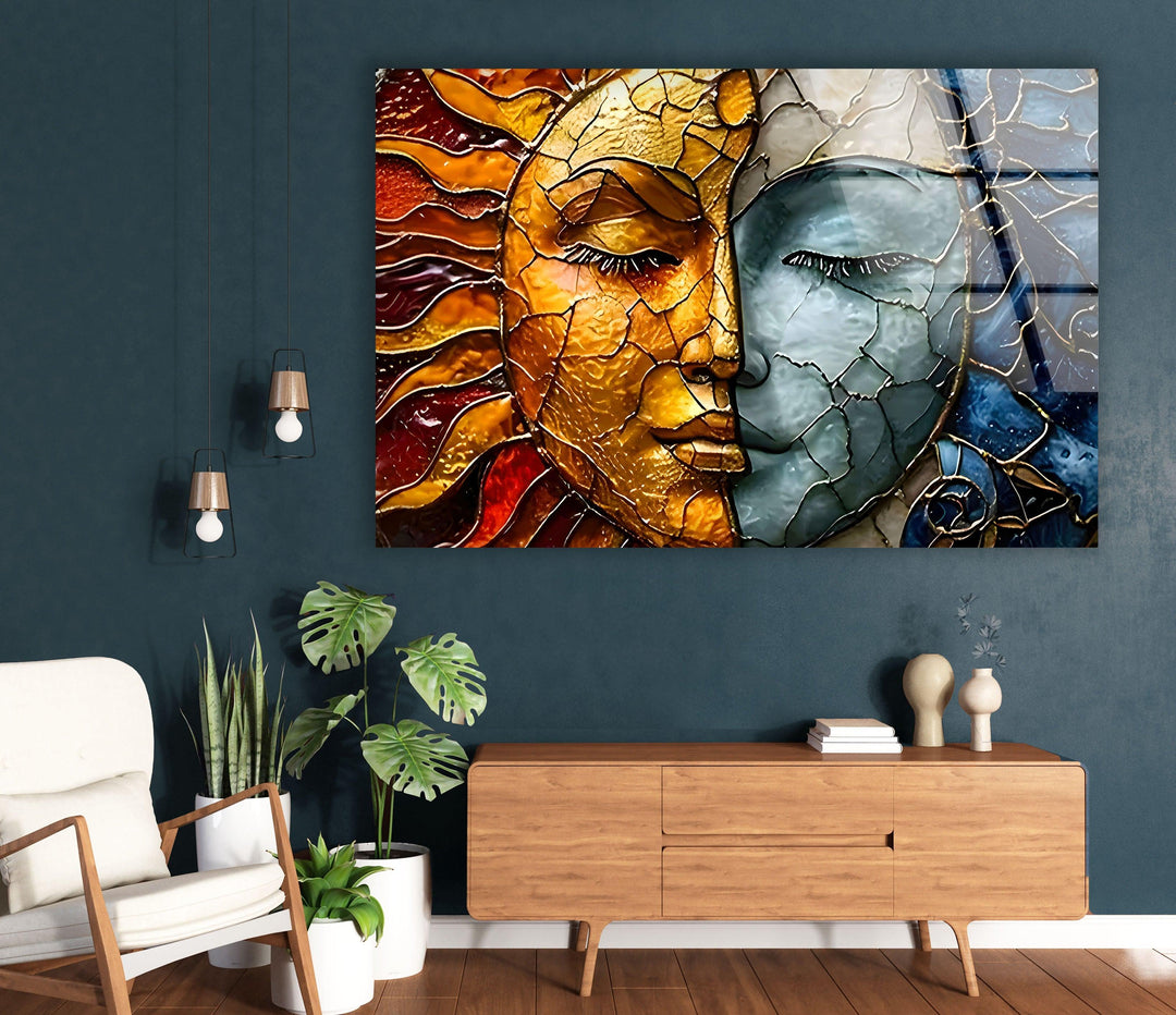 Stained Sun & Moon Glass Wall Art print on glass, glass printed photos
