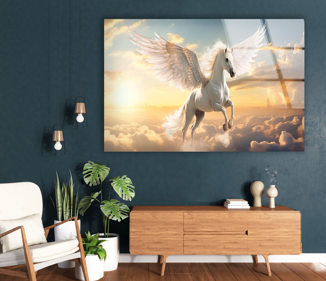 Winged Horse White Glass Wall Art print picture on glass, Tempered Glass Wall Art
