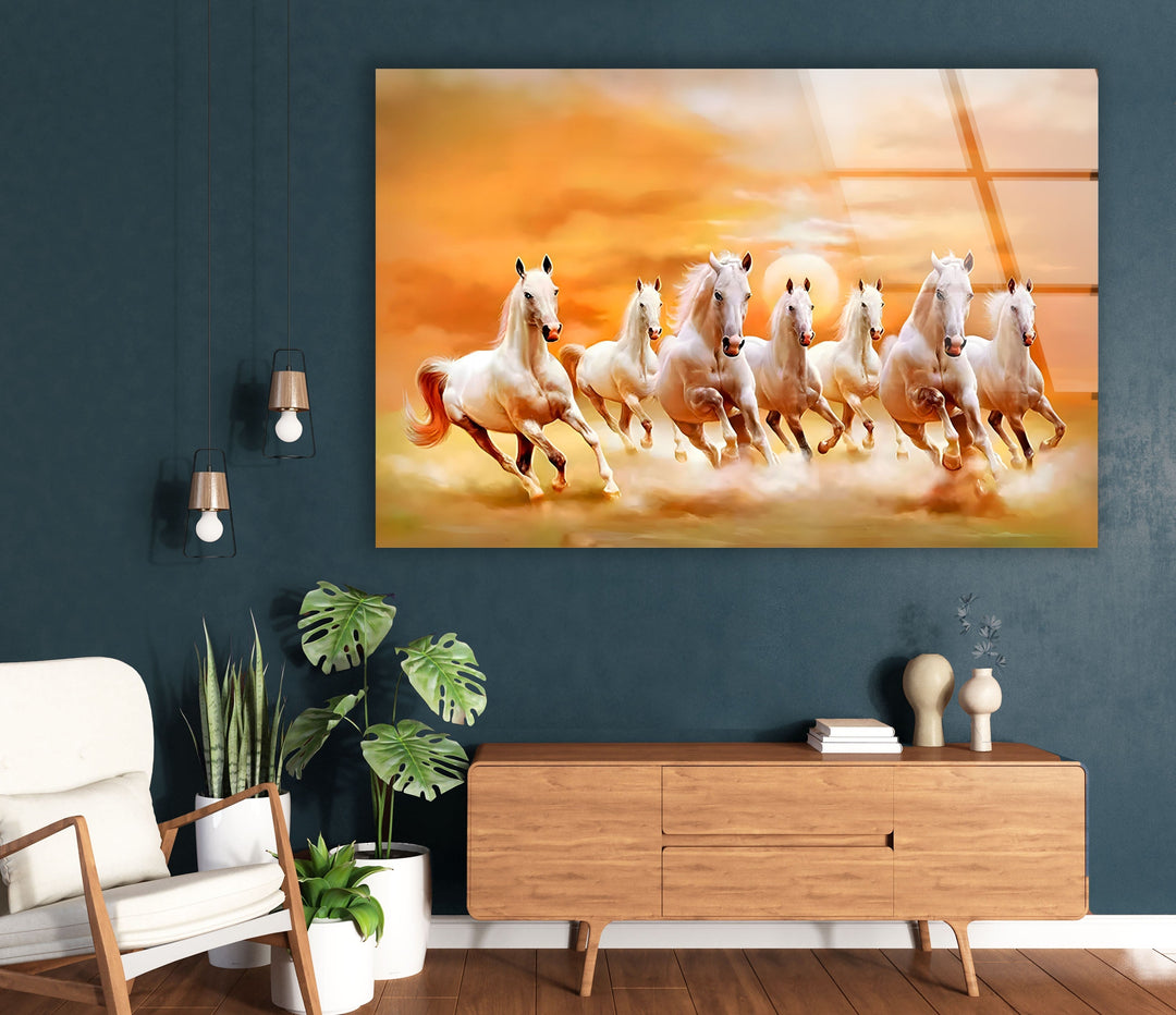 White Horses Running on Sunset Glass Wall Art glass pictures for Wall, glass prints wall art
