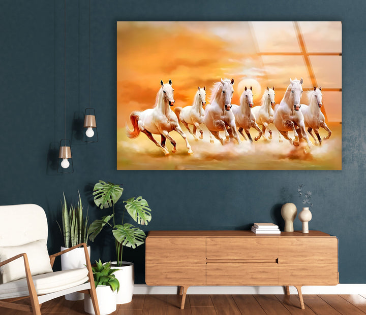 White Horses Running on Sunset Glass Wall Art glass pictures for Wall, glass prints wall art
