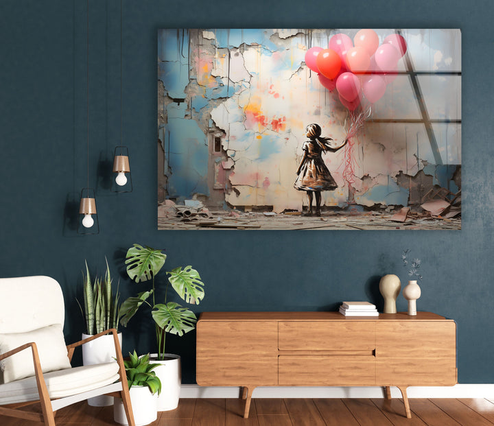 Girl Holding Balloon Glass Wall Art glass photo prints, glass picture prints
